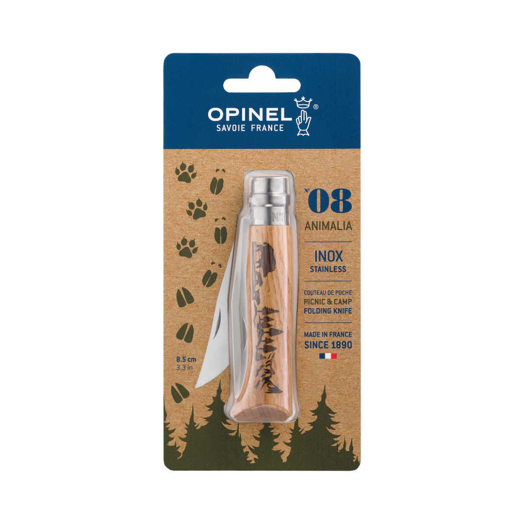 No°08 Oak Engraved Handle Folding Knife - Animalia