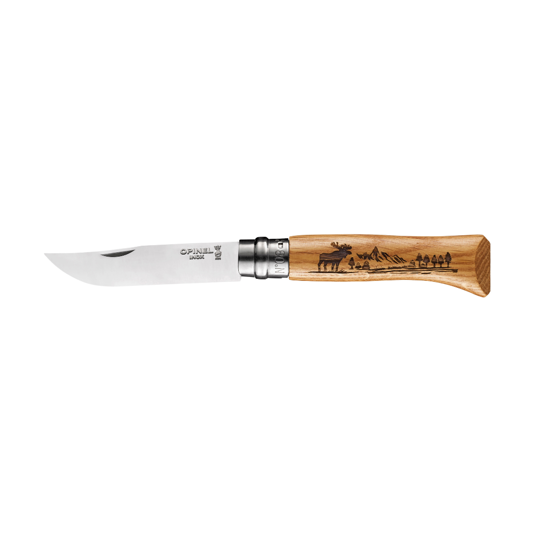 No°08 Oak Engraved Handle Folding Knife - Animalia