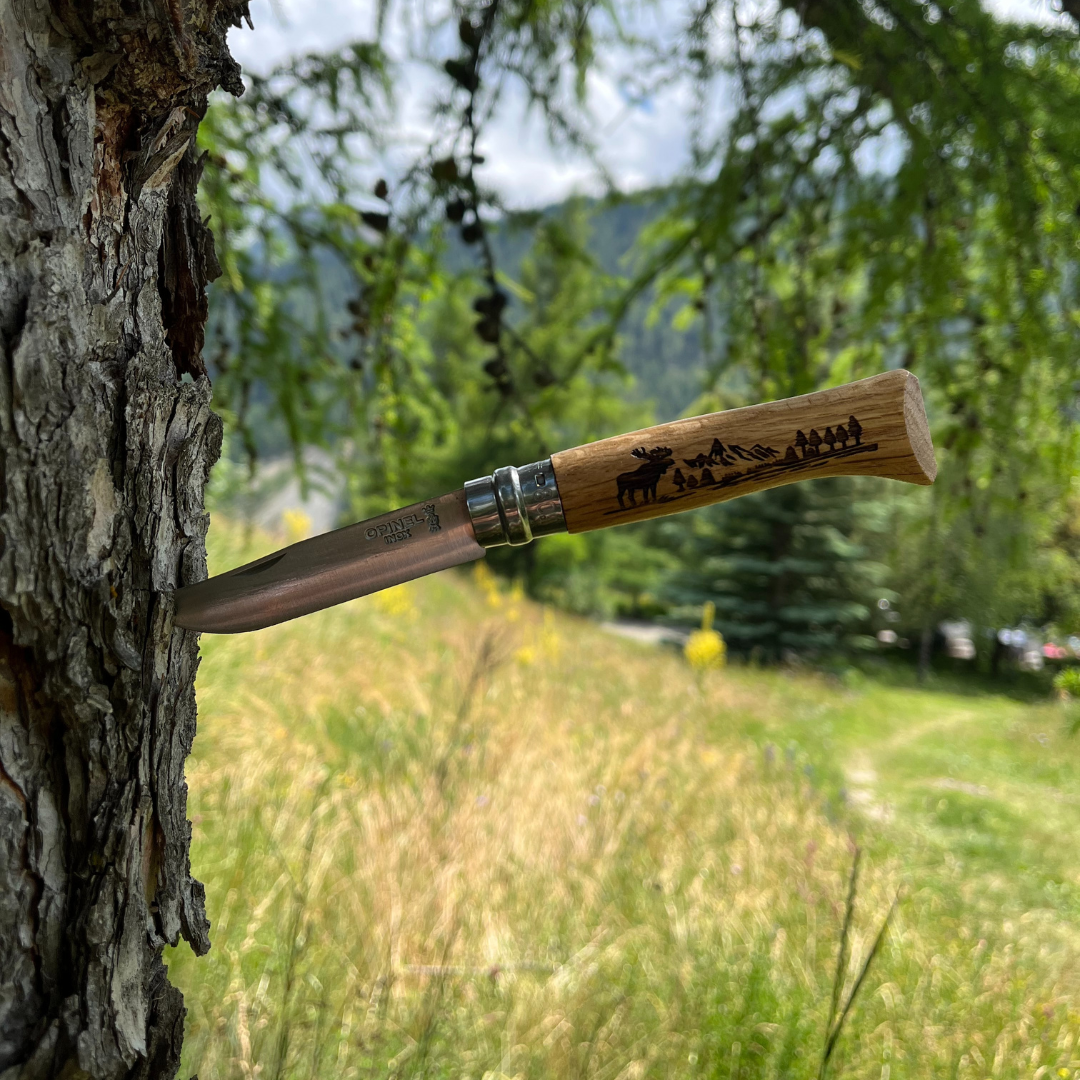 No°08 Oak Engraved Handle Folding Knife - Animalia