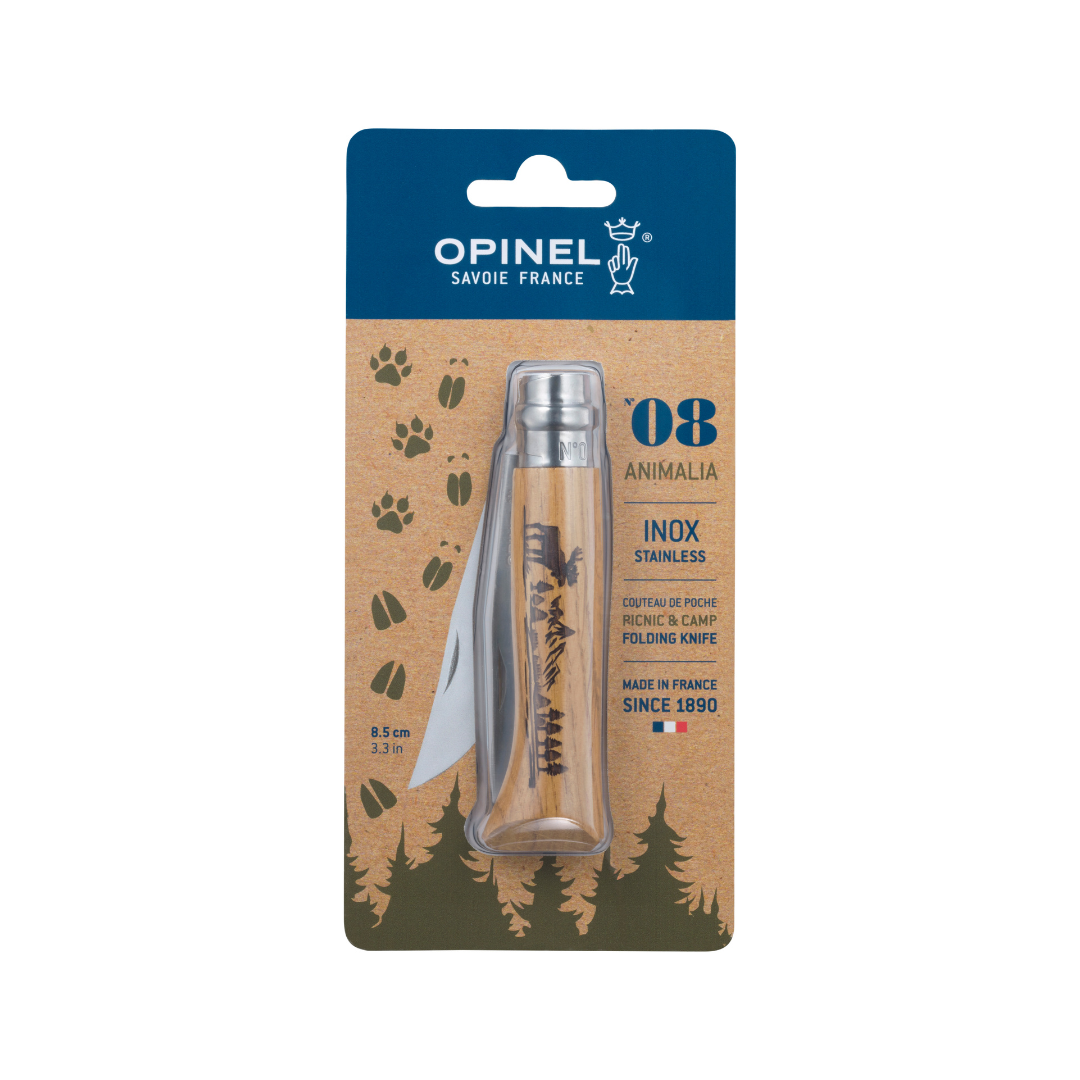 No°08 Oak Engraved Handle Folding Knife - Animalia