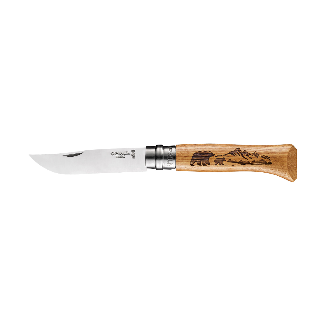 No°08 Oak Engraved Handle Folding Knife - Animalia