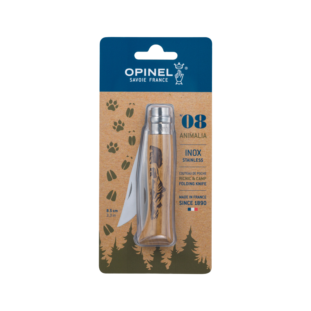 No°08 Oak Engraved Handle Folding Knife - Animalia