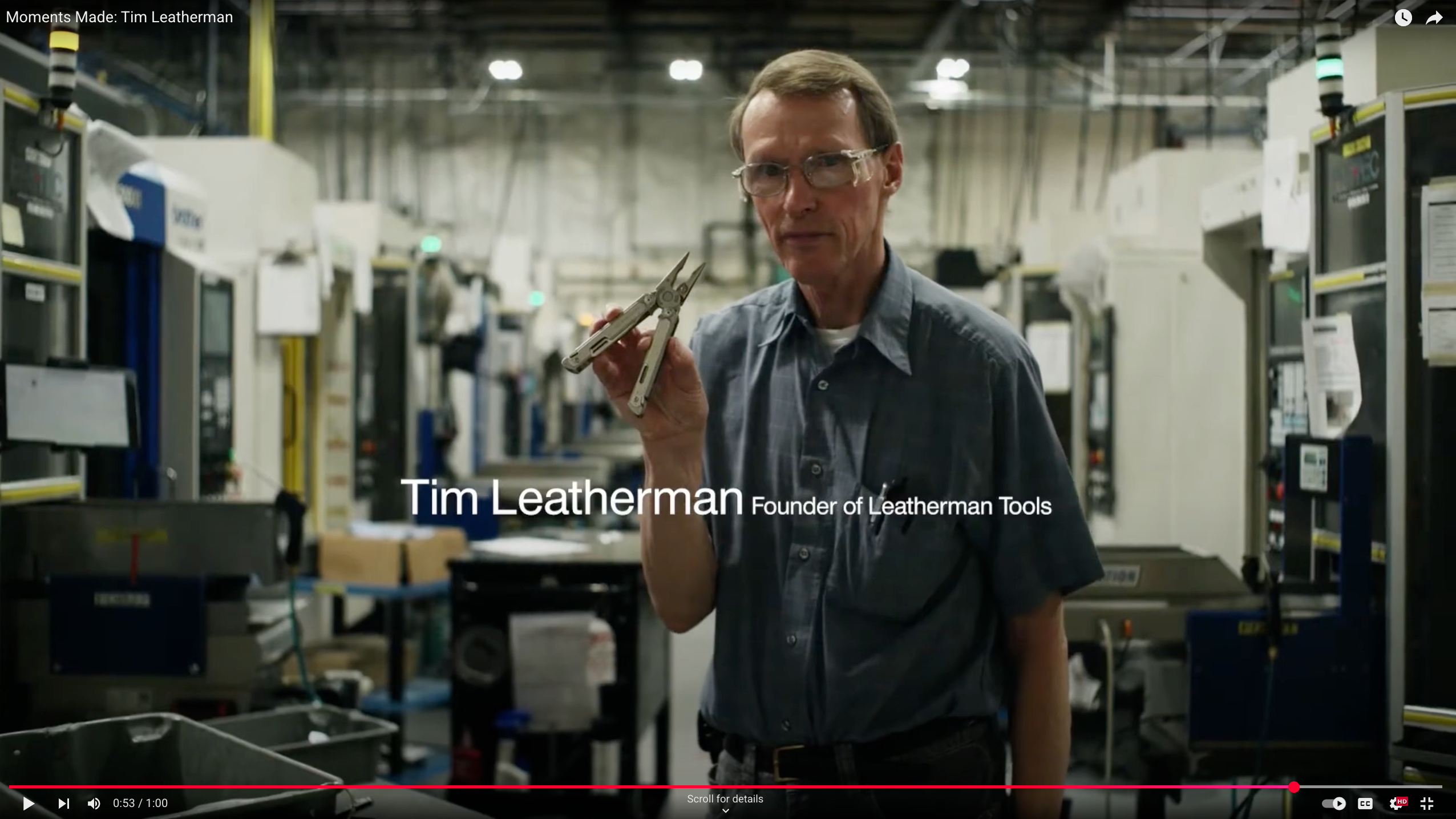 Load video: A video titled &quot;Moments Made: Tim Leatherman&quot;, featuring a brief history of Tim Leatherman, the founder of Leatherman Tools, and his work throughout the years.